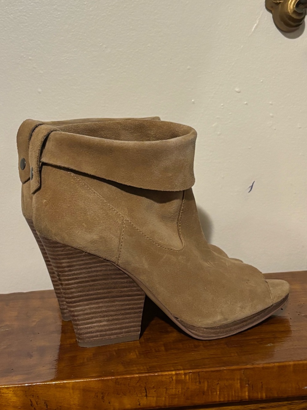 Vince Camuto Judelle Fold-Over Suede Peep-Toe Ankle Bootie in Tan